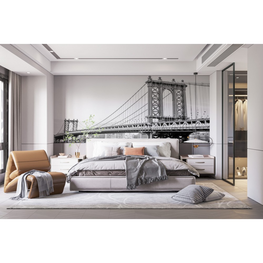 Modern Siyah Beyaz Brooklyn Köprüsü ve New York Şehir Manzaralı Duvar Kağıdı