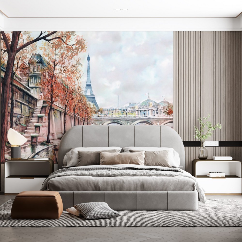 Sonbahar Renkli Eiffel Kulesi ve Seine Nehri Manzaralı Duvar Kağıdı