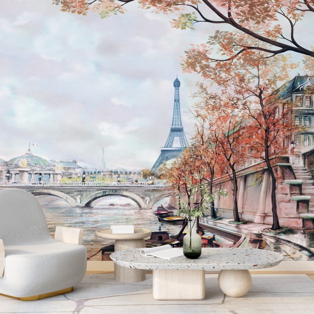 Sonbahar Renkli Eiffel Kulesi ve Seine Nehri Manzaralı Duvar Kağıdı