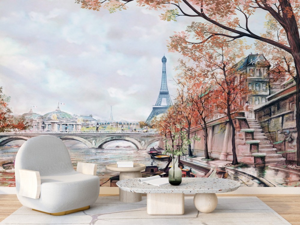 Sonbahar Renkli Eiffel Kulesi ve Seine Nehri Manzaralı Duvar Kağıdı