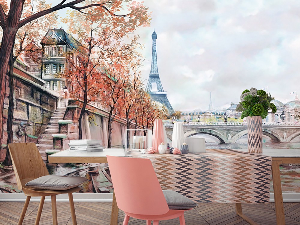 Sonbahar Renkli Eiffel Kulesi ve Seine Nehri Manzaralı Duvar Kağıdı