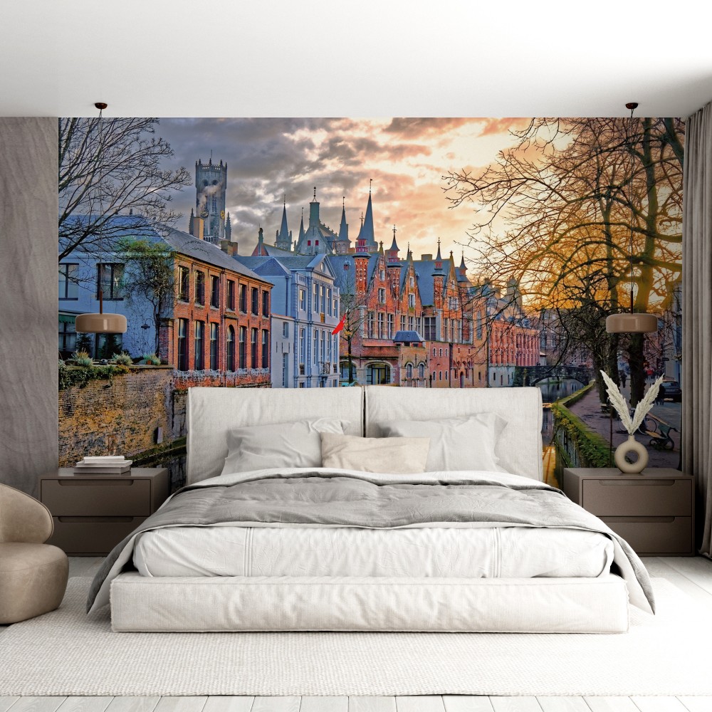 Tarihi Avrupa Şehri Gün Batımı Tasarım Duvar Kağıdı