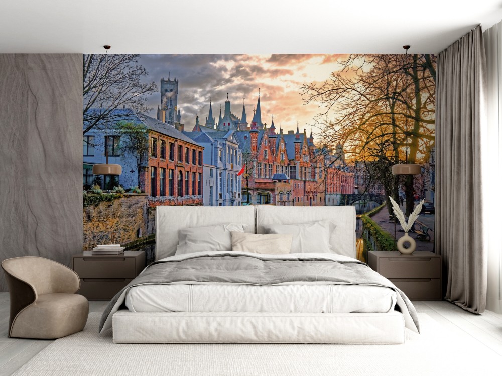 Tarihi Avrupa Şehri Gün Batımı Tasarım Duvar Kağıdı