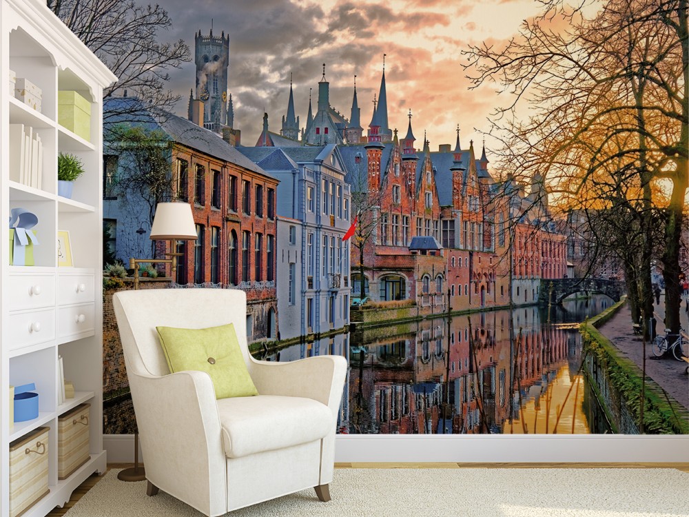 Tarihi Avrupa Şehri Gün Batımı Tasarım Duvar Kağıdı