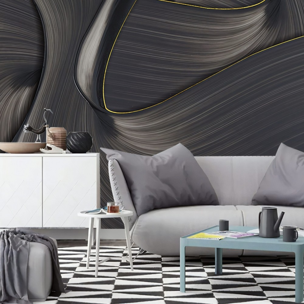 Modern Antrasit ve Altın Çizgili 3D Akışkan Dalga Duvar Kağıdı