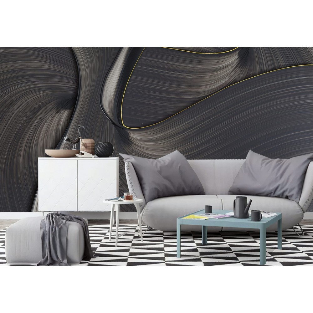 Modern Antrasit ve Altın Çizgili 3D Akışkan Dalga Duvar Kağıdı