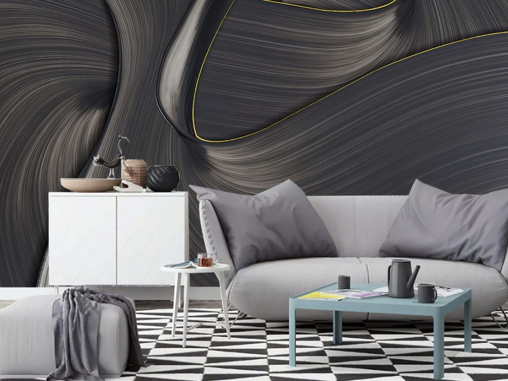 Modern Antrasit ve Altın Çizgili 3D Akışkan Dalga Duvar Kağıdı