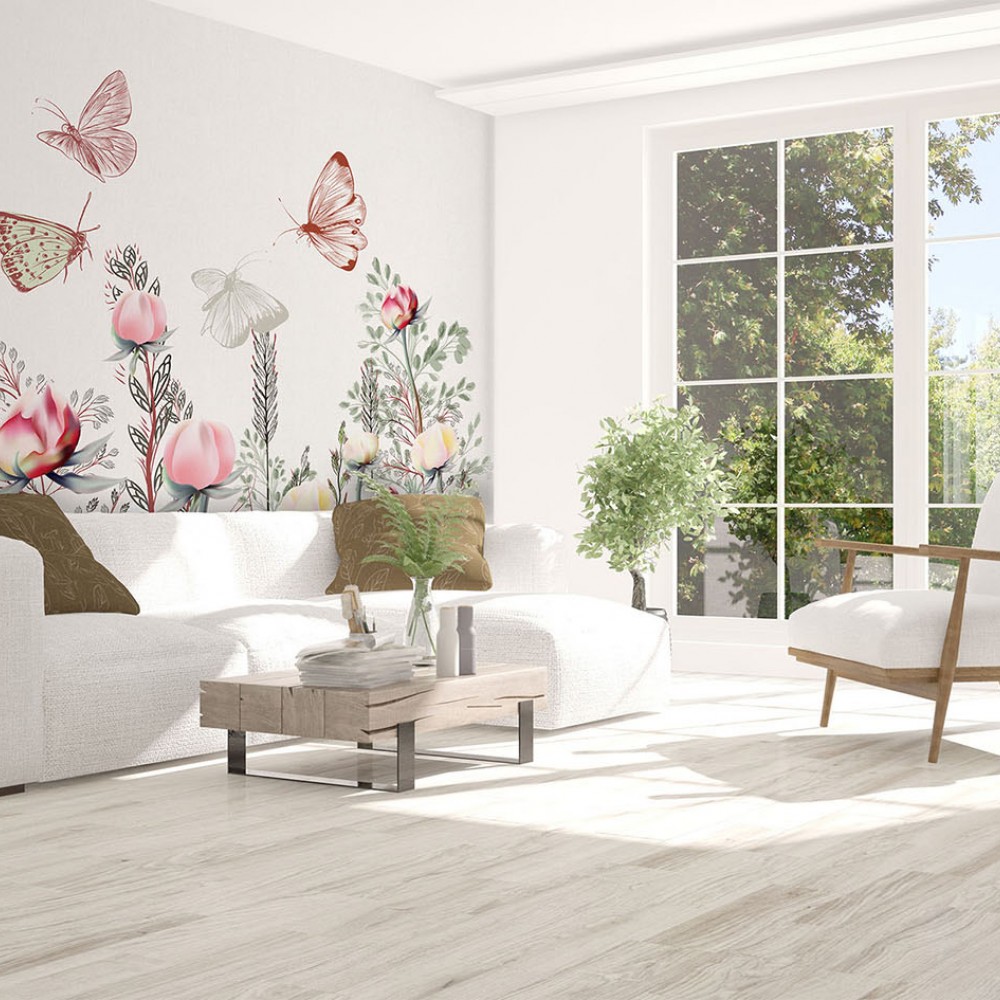 Modern Sanatsal Çiçek Tomurcukları ve Uçuşan Kelebekler Temalı Duvar Kağıdı