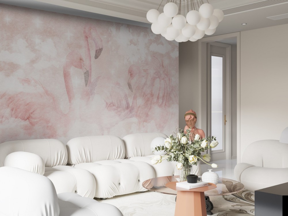 Pembe Bulutlar ve Flamingo Temalı Romantik Duvar Kağıdı