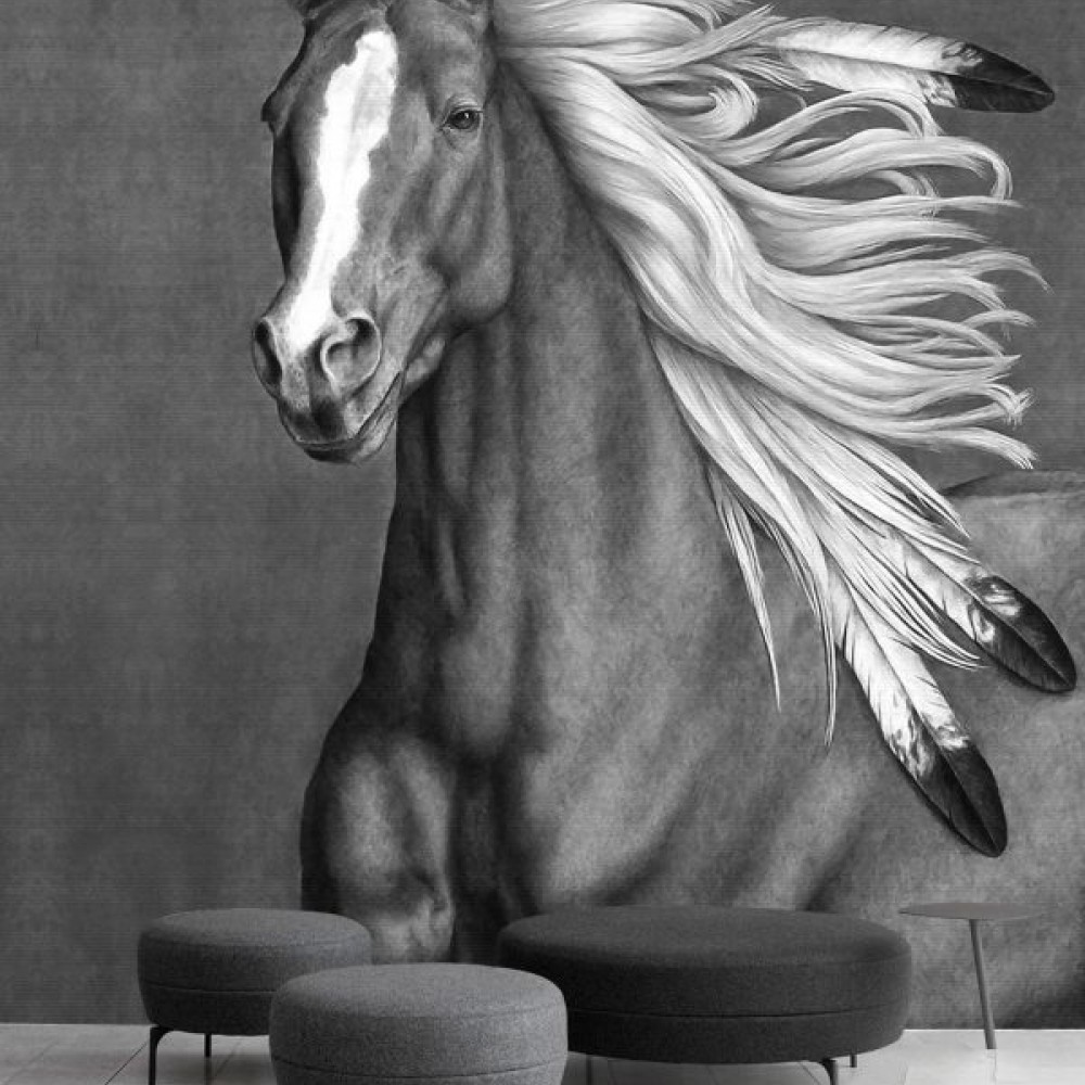 Etnik Ruhlu Siyah Beyaz At Figürlü Sanatsal Duvar Kağıdı