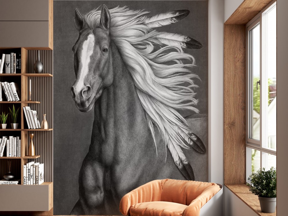 Etnik Ruhlu Siyah Beyaz At Figürlü Sanatsal Duvar Kağıdı