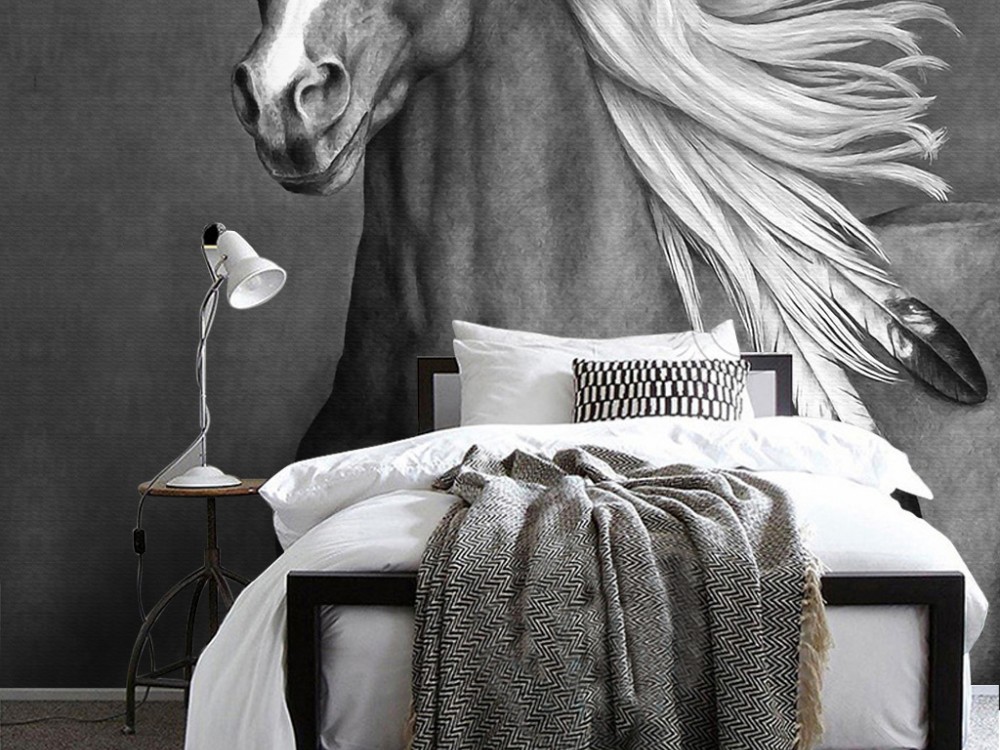 Etnik Ruhlu Siyah Beyaz At Figürlü Sanatsal Duvar Kağıdı