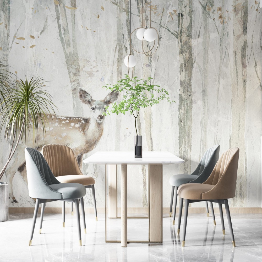 Puslu Orman Dokusu Üzerine Sanatsal Geyik İllüstrasyonlu Duvar Kağıdı