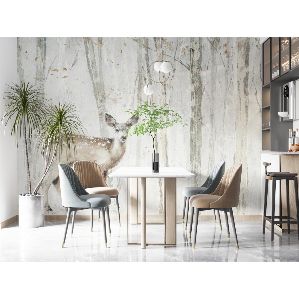 Puslu Orman Dokusu Üzerine Sanatsal Geyik İllüstrasyonlu Duvar Kağıdı