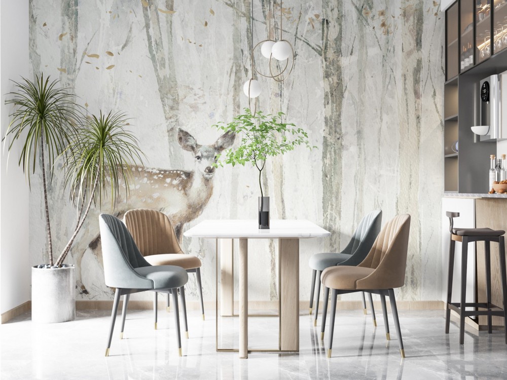 Puslu Orman Dokusu Üzerine Sanatsal Geyik İllüstrasyonlu Duvar Kağıdı