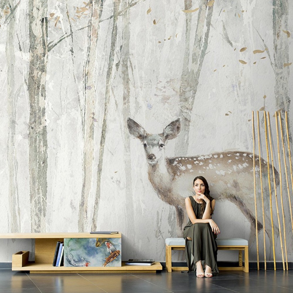 Puslu Orman Dokusu Üzerine Sanatsal Geyik İllüstrasyonlu Duvar Kağıdı