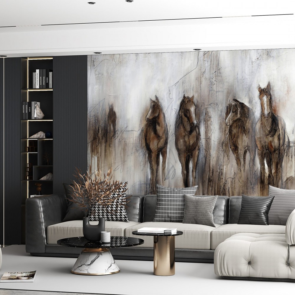 Fırça Darbesi Dokulu ve Dinamik At Desenli Modern Duvar Kağıdı