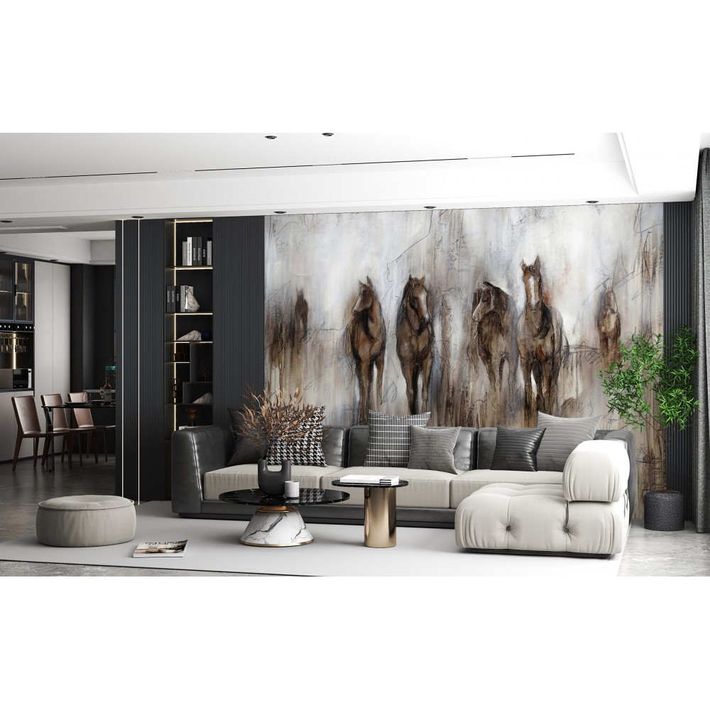 Fırça Darbesi Dokulu ve Dinamik At Desenli Modern Duvar Kağıdı