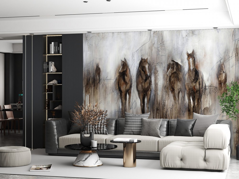 Fırça Darbesi Dokulu ve Dinamik At Desenli Modern Duvar Kağıdı