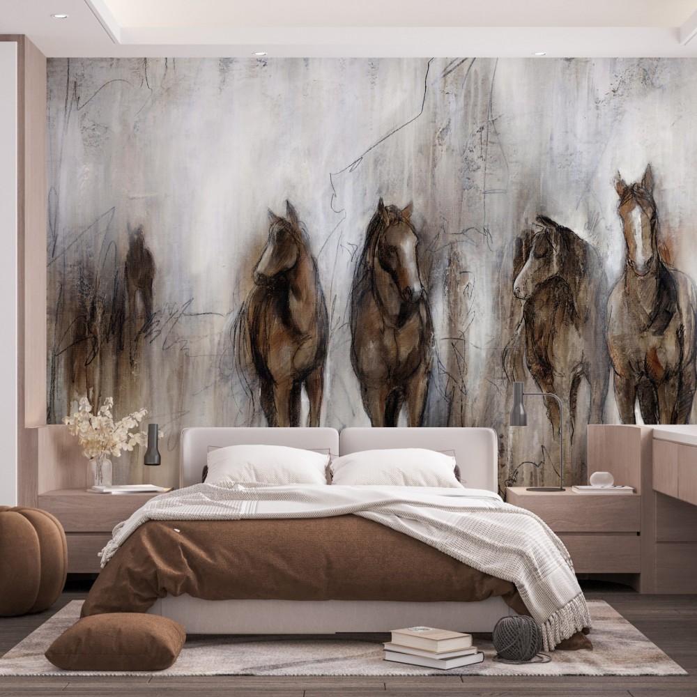 Fırça Darbesi Dokulu ve Dinamik At Desenli Modern Duvar Kağıdı