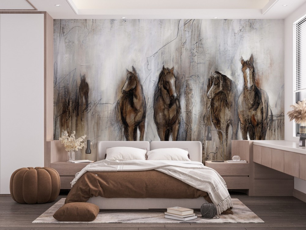 Fırça Darbesi Dokulu ve Dinamik At Desenli Modern Duvar Kağıdı