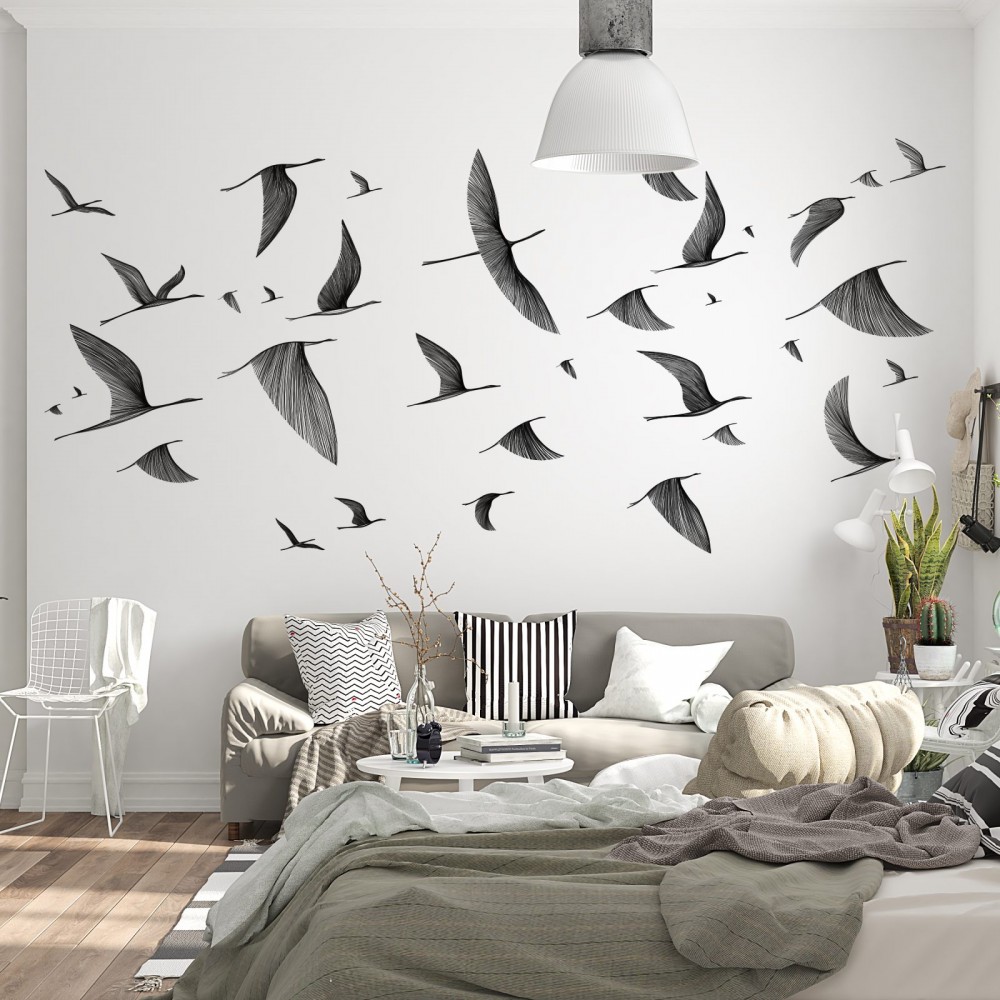 Beyaz Zemin Üzeri Minimalist Siyah Kuş Sürüsü Duvar Kağıdı