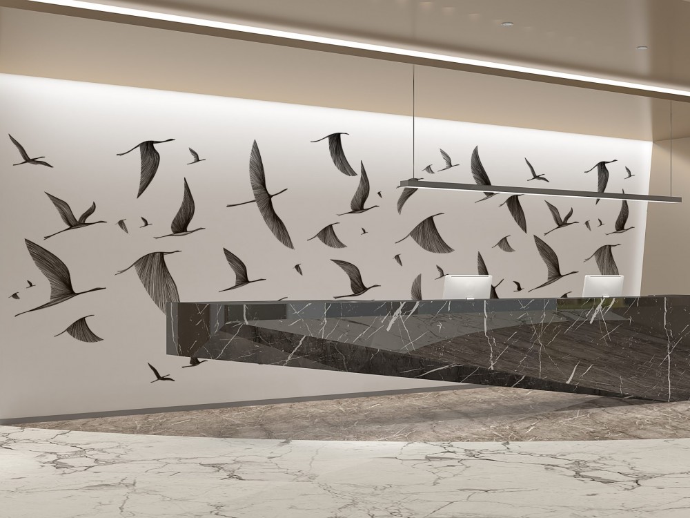 Beyaz Zemin Üzeri Minimalist Siyah Kuş Sürüsü Duvar Kağıdı