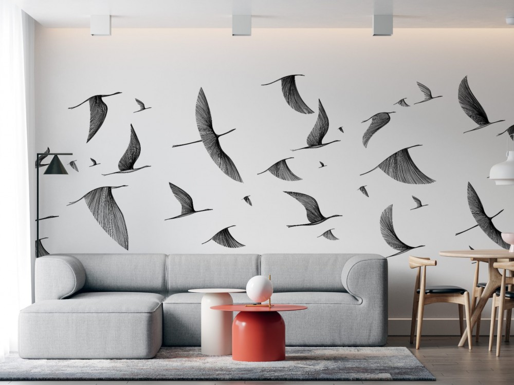 Beyaz Zemin Üzeri Minimalist Siyah Kuş Sürüsü Duvar Kağıdı