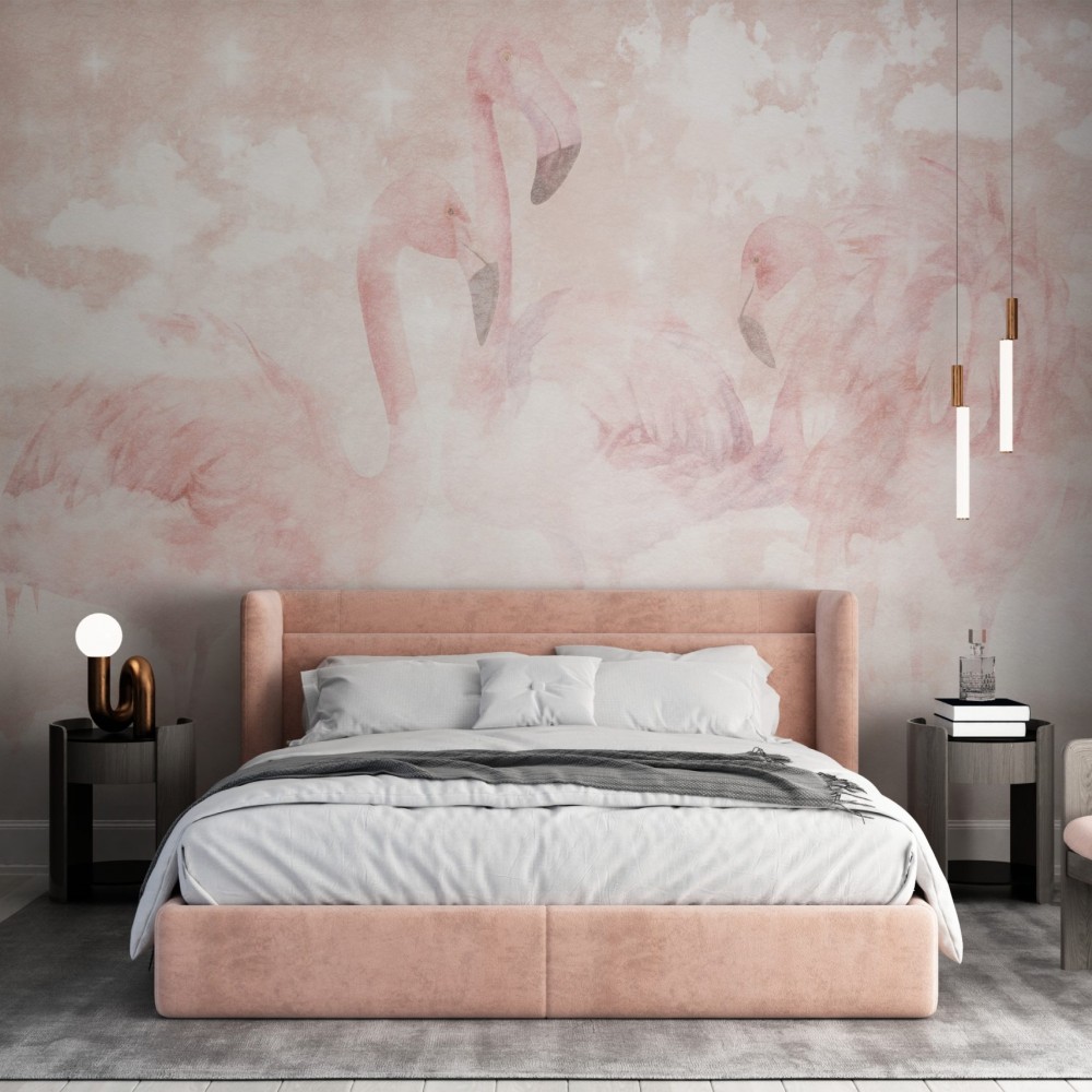 Pembe Bulutlar ve Flamingo Temalı Romantik Duvar Kağıdı