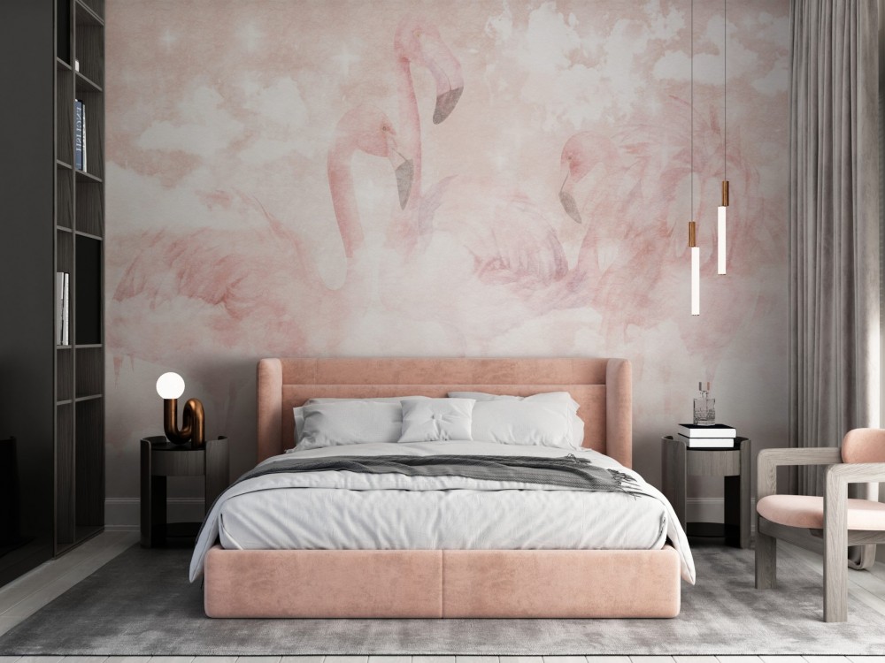 Pembe Bulutlar ve Flamingo Temalı Romantik Duvar Kağıdı