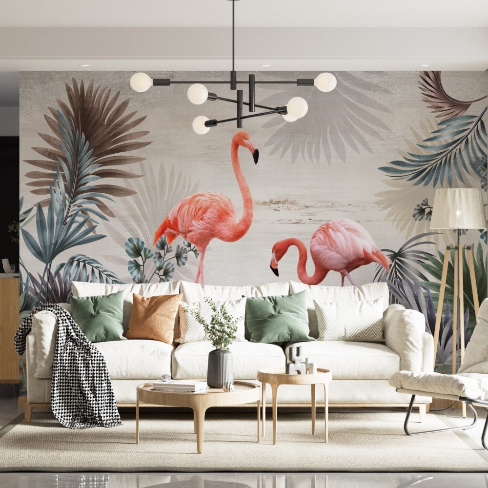 Egzotik Yapraklar ve Flamingo Temalı Modern Duvar Kağıdı