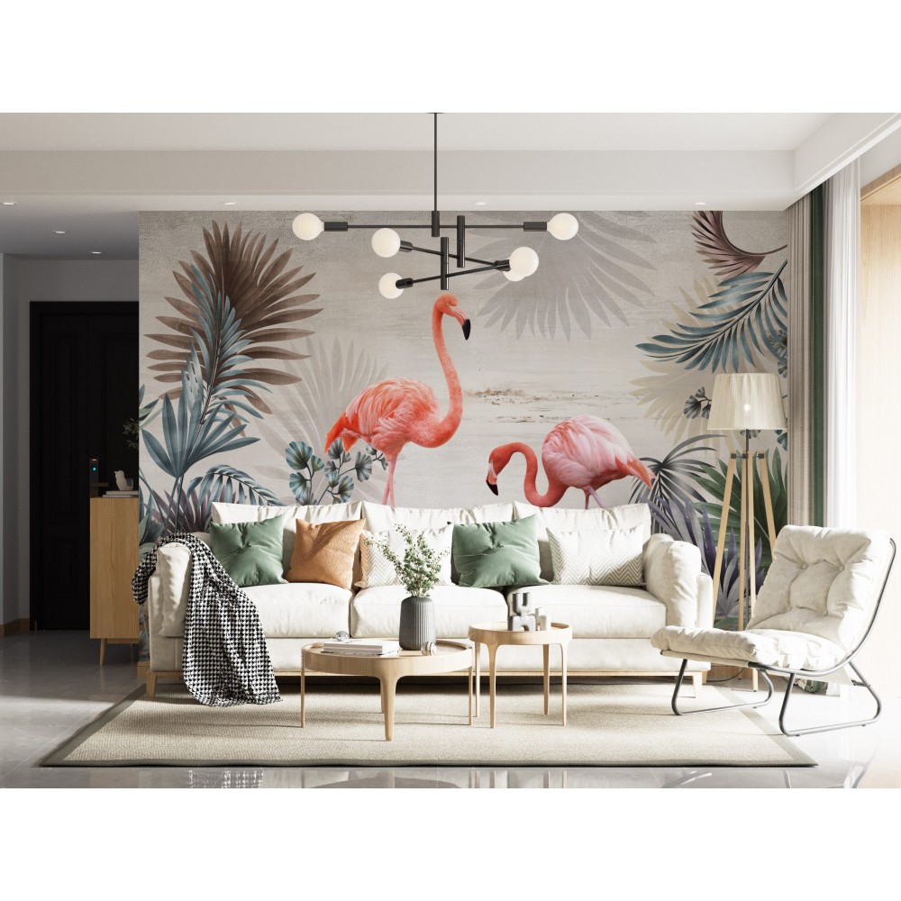 Egzotik Yapraklar ve Flamingo Temalı Modern Duvar Kağıdı