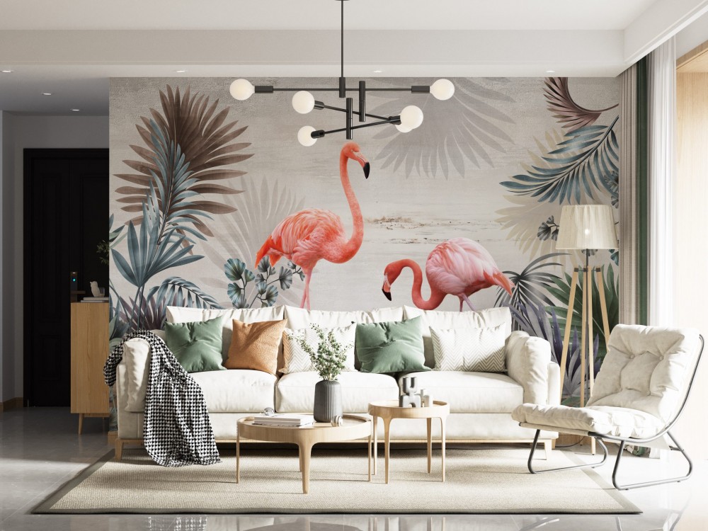 Egzotik Yapraklar ve Flamingo Temalı Modern Duvar Kağıdı