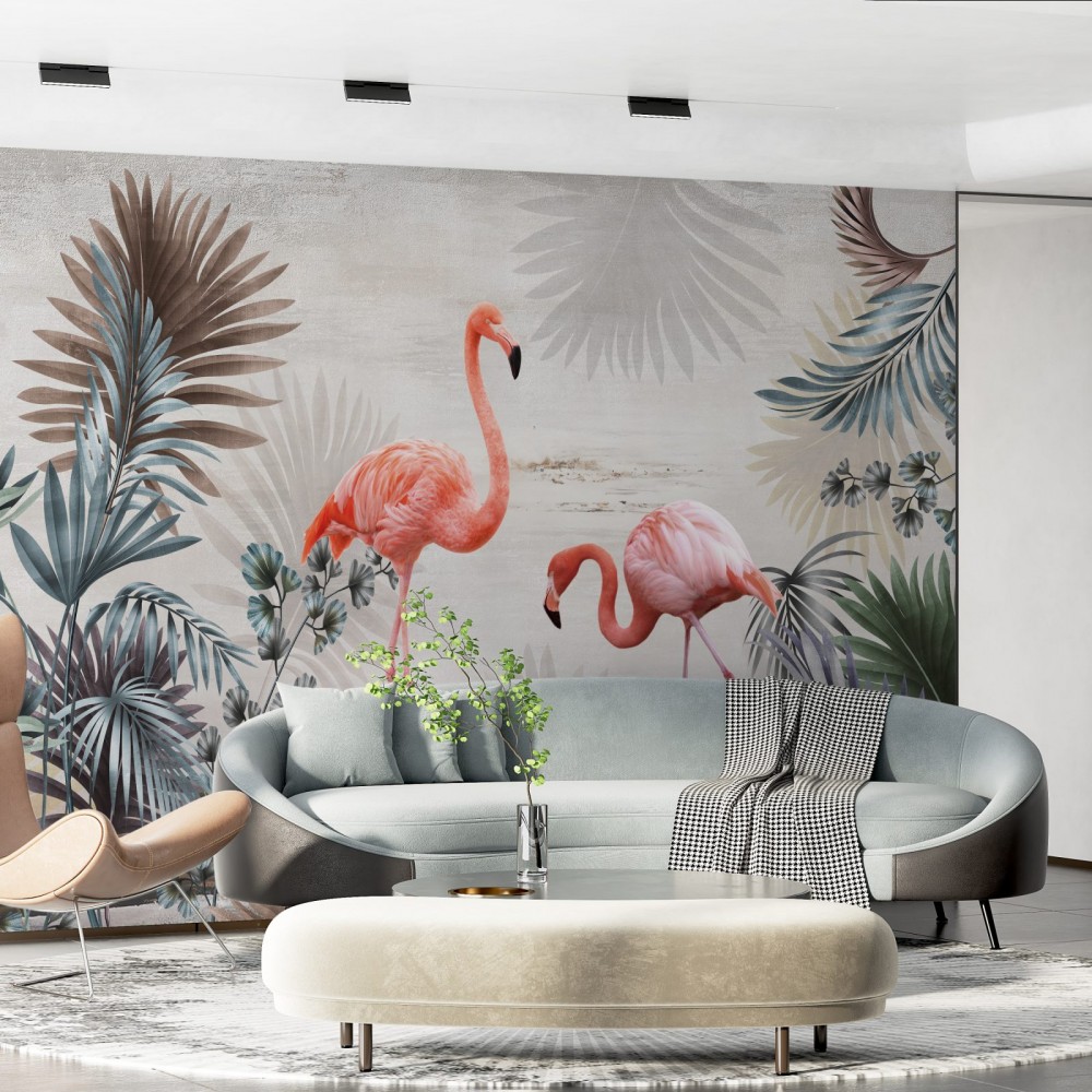 Egzotik Yapraklar ve Flamingo Temalı Modern Duvar Kağıdı