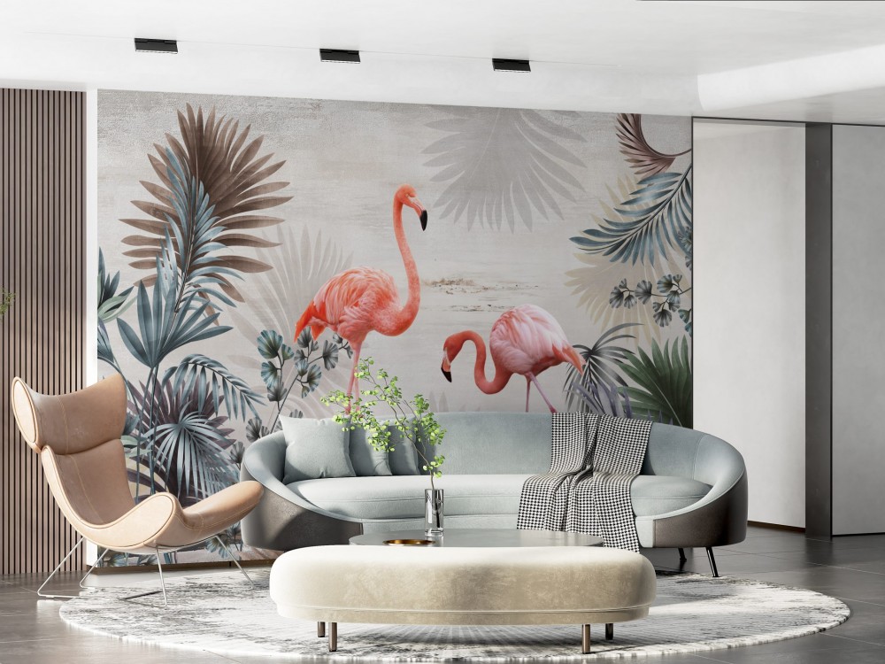 Egzotik Yapraklar ve Flamingo Temalı Modern Duvar Kağıdı