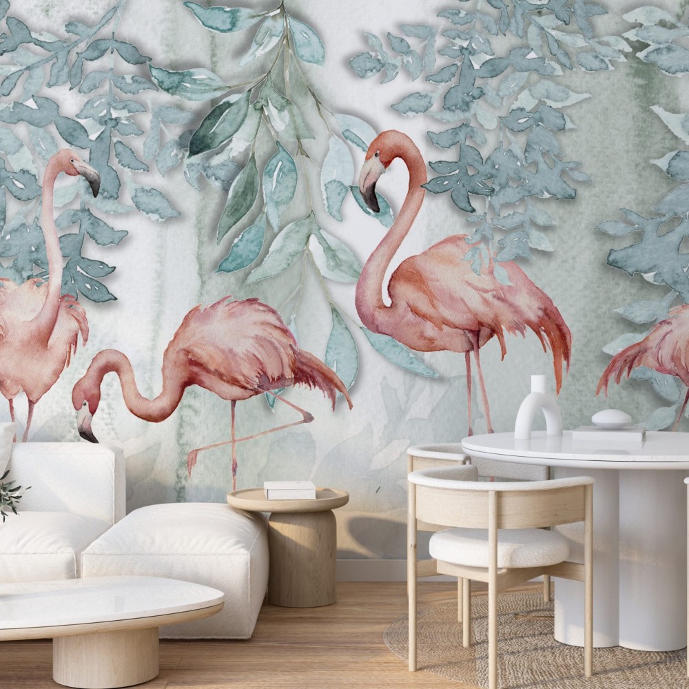 Sulu Boya Dokulu Flamingo ve Pastel Botanik Duvar Kağıdı