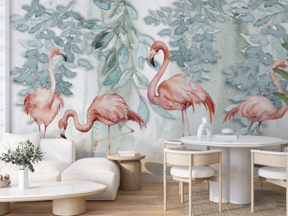 Sulu Boya Dokulu Flamingo ve Pastel Botanik Duvar Kağıdı