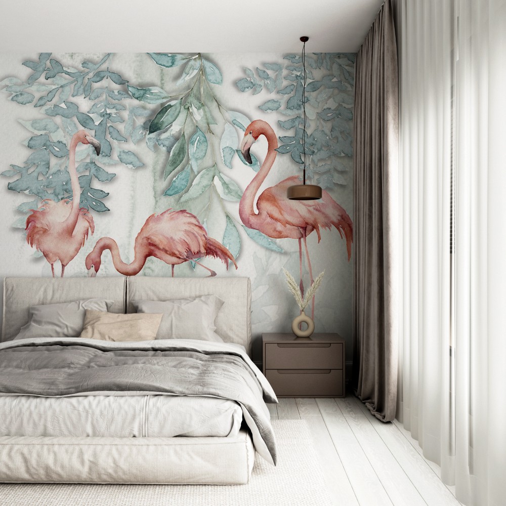 Sulu Boya Dokulu Flamingo ve Pastel Botanik Duvar Kağıdı