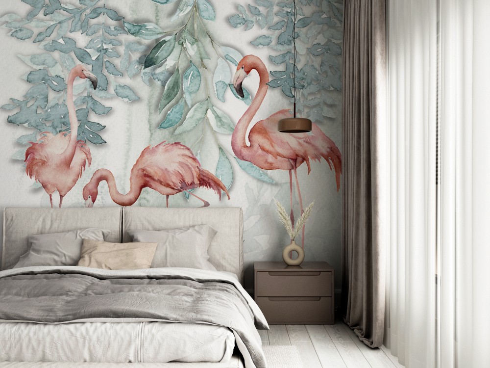 Sulu Boya Dokulu Flamingo ve Pastel Botanik Duvar Kağıdı