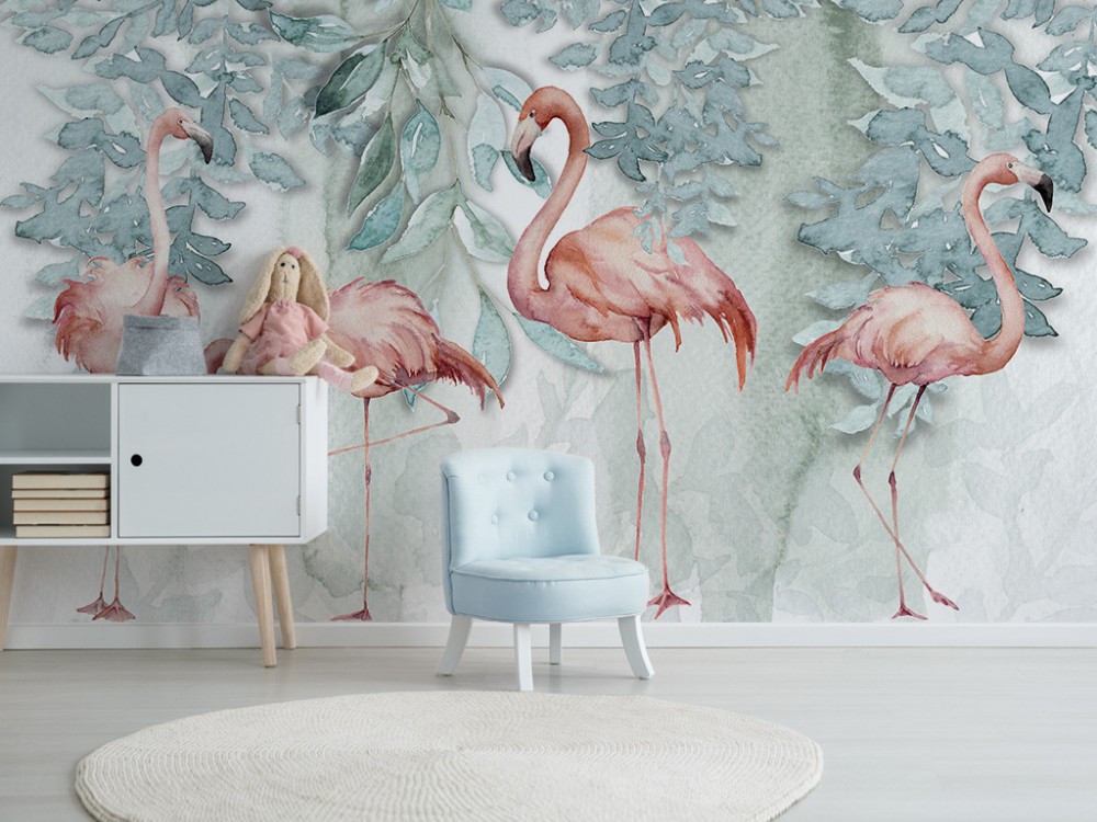 Sulu Boya Dokulu Flamingo ve Pastel Botanik Duvar Kağıdı
