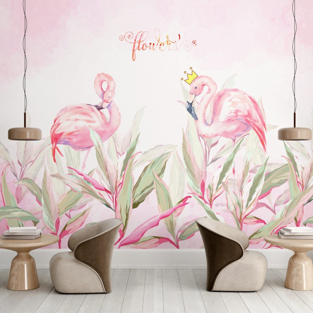 Taçlı Flamingo ve Sulu Boya Efektli Tropikal Duvar Kağıdı