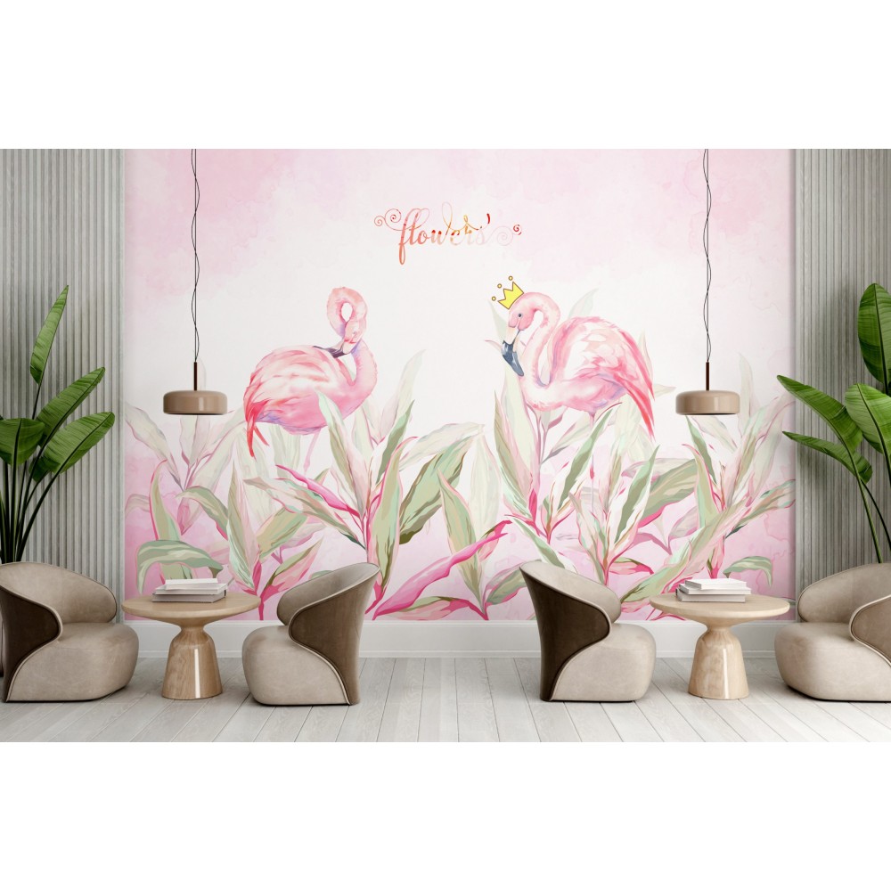 Taçlı Flamingo ve Sulu Boya Efektli Tropikal Duvar Kağıdı