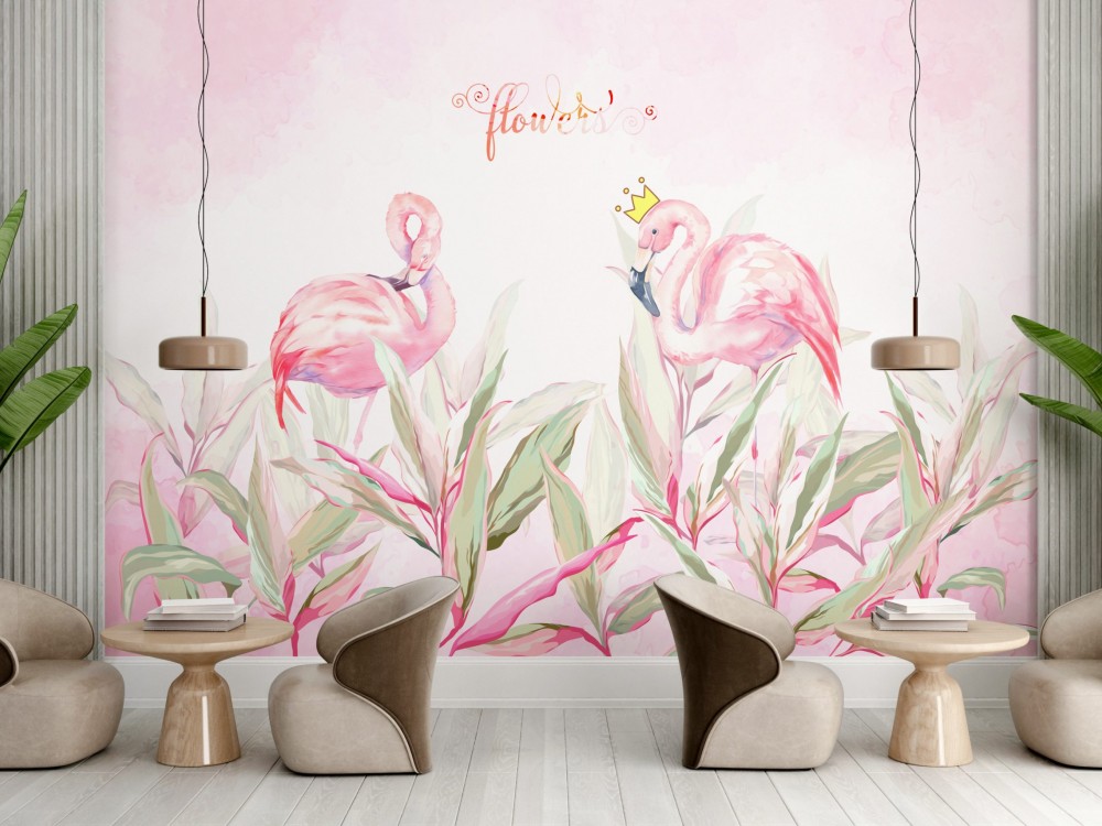 Taçlı Flamingo ve Sulu Boya Efektli Tropikal Duvar Kağıdı