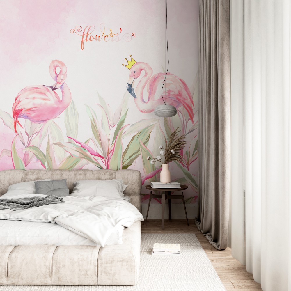 Taçlı Flamingo ve Sulu Boya Efektli Tropikal Duvar Kağıdı
