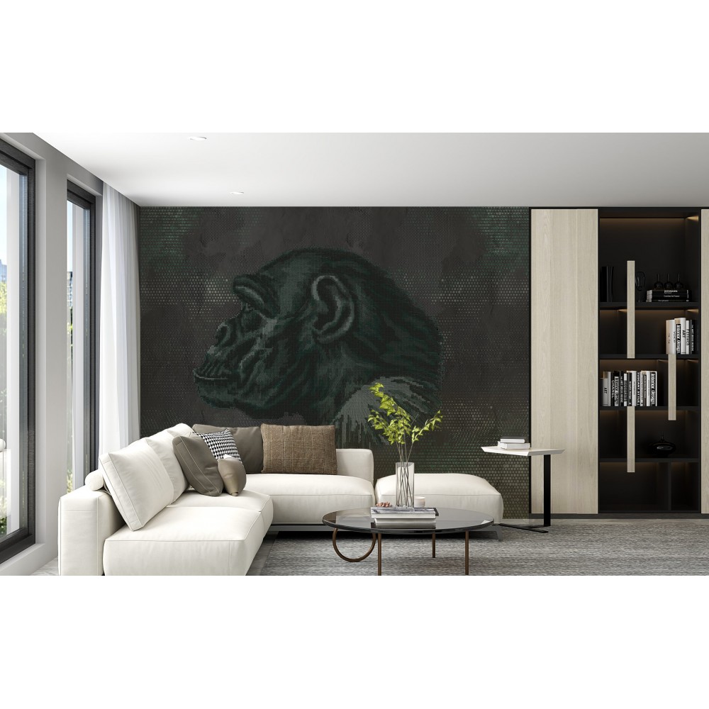 Pop-Art Şempanze Goril Portreli ve Koyu Antrasit Dokulu Duvar Kağıdı