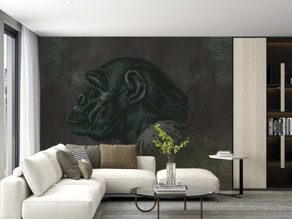 Pop-Art Şempanze Goril Portreli ve Koyu Antrasit Dokulu Duvar Kağıdı