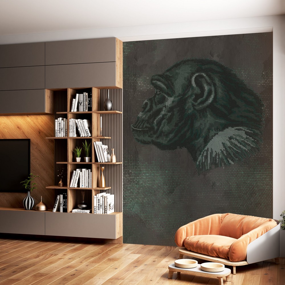 Pop-Art Şempanze Goril Portreli ve Koyu Antrasit Dokulu Duvar Kağıdı