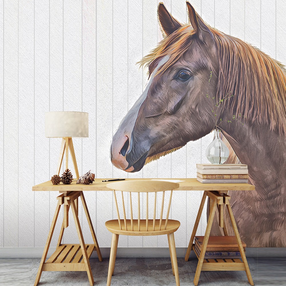 Dikey Ahşap Panel Üzerine At Portresi İllüstrasyonlu Duvar Kağıdı
