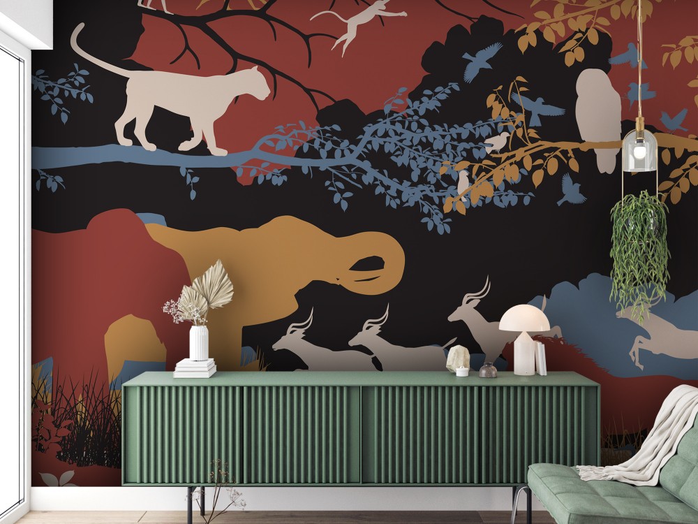 Boho Stil Soyut Afrika Safarisi ve Hayvan Figürlü Duvar Kağıdı