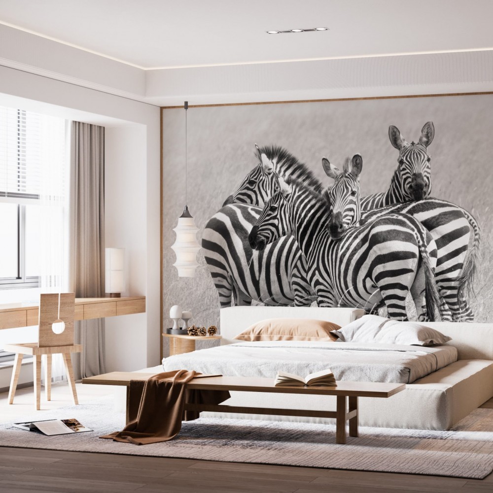 Siyah Beyaz Gerçekçi Zebra Sürüsü Desenli Duvar Kağıdı
